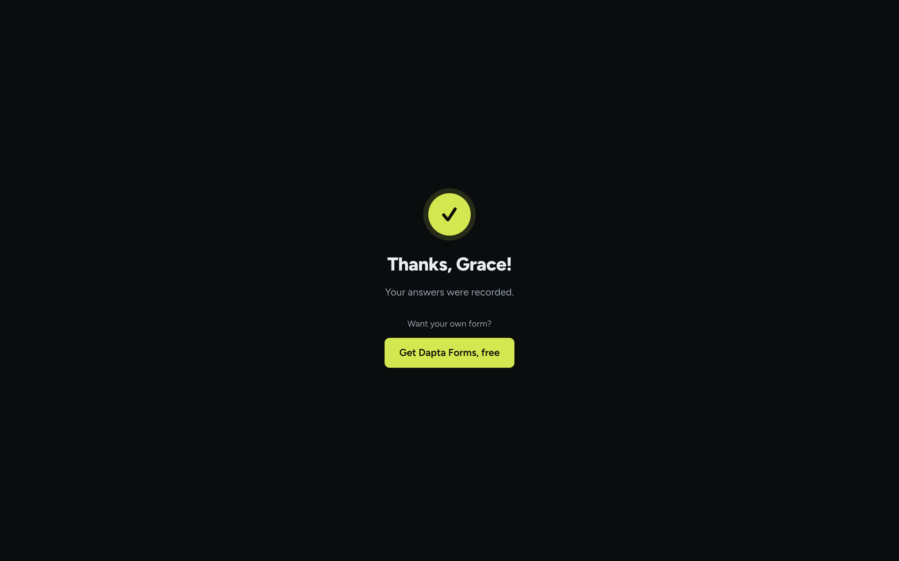 La pantalla final con una marca de verificación, el titular ¡Gracias, Grace! y el mensaje Tus respuestas quedaron registradas