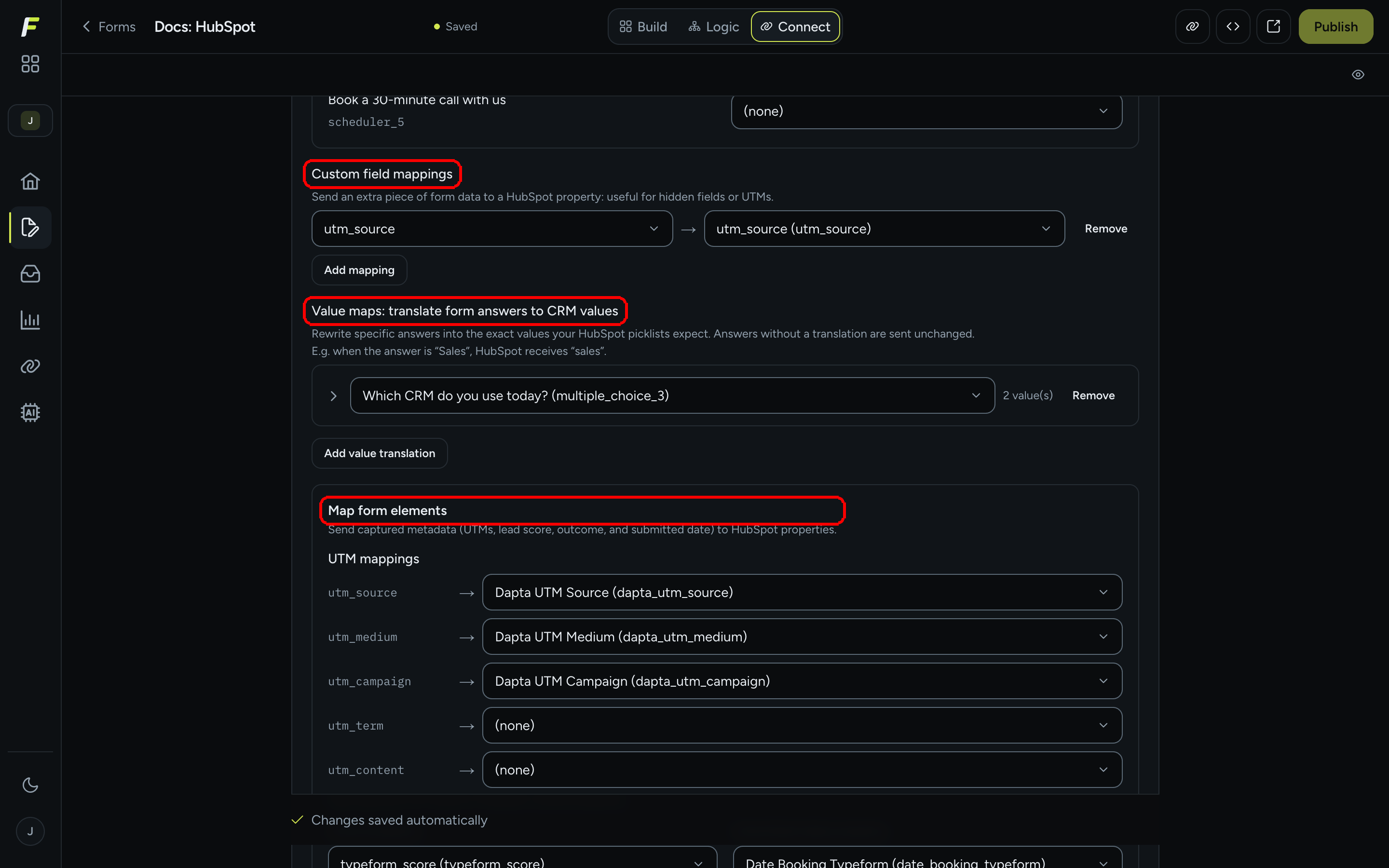 La tarjeta de HubSpot desplazada para mostrar las secciones de mapeos de campo personalizados, mapas de valores y Mapear elementos del formulario