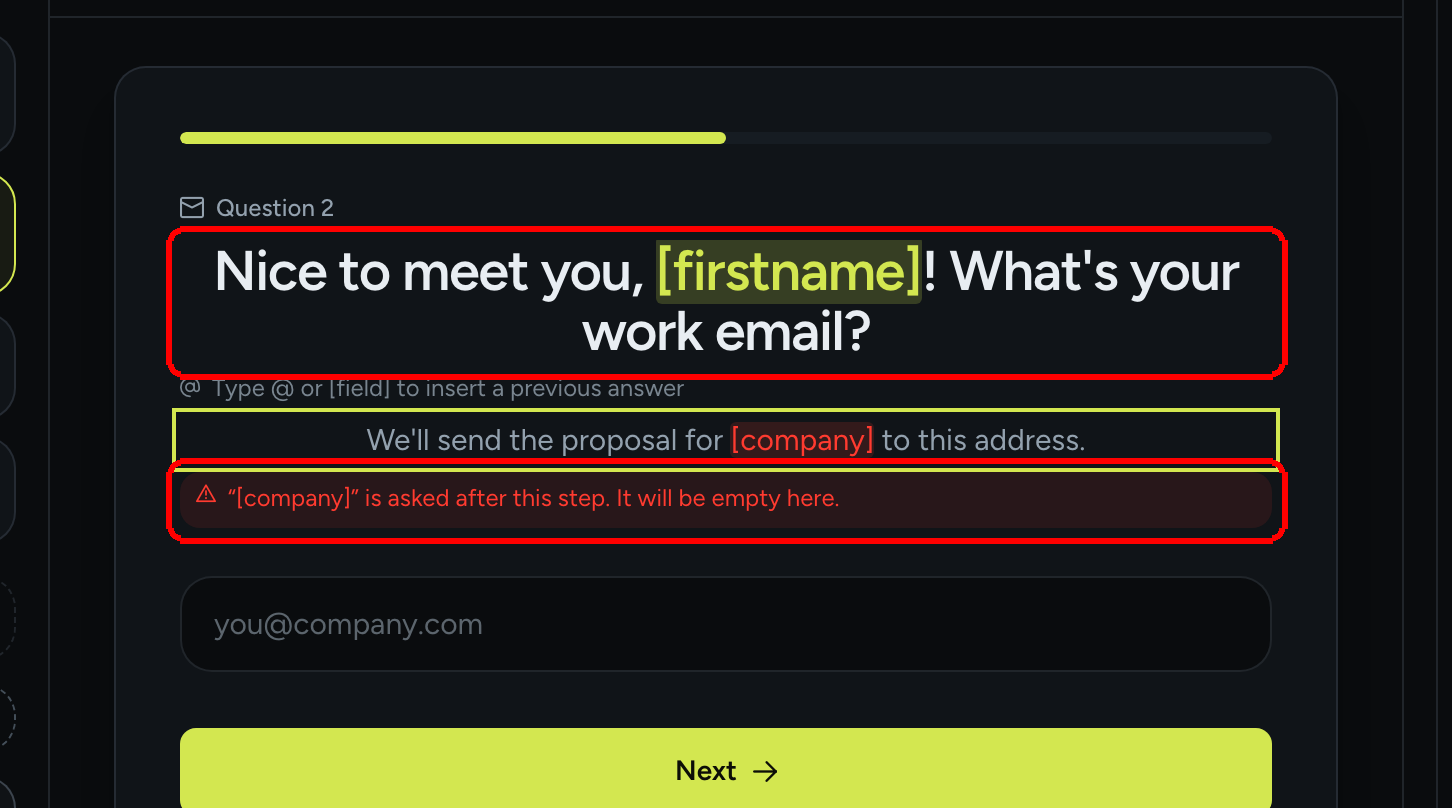 Un título de pregunta con un token [firstname] y una descripción con [company] y el aviso: company se pregunta después de este paso. Aquí estará vacío.