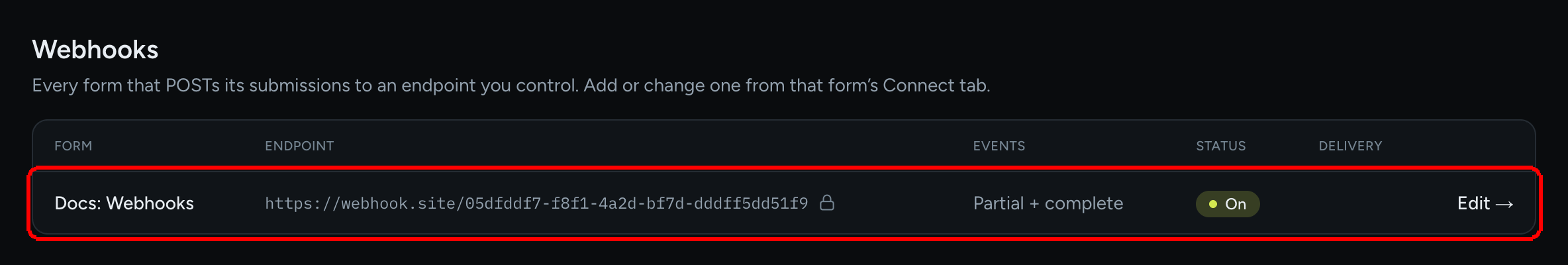 La tabla de Webhooks con una fila: nombre del formulario, endpoint con un ícono de candado, eventos, estado Activo, columna de entrega y un enlace Editar