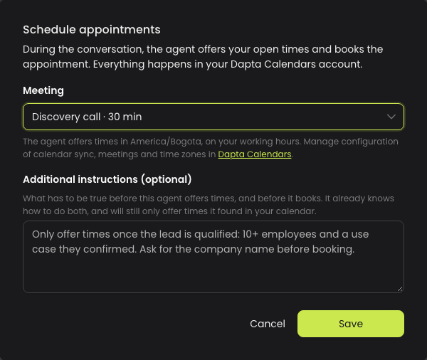 El formulario Schedule appointments con una reunión seleccionada e instrucciones adicionales