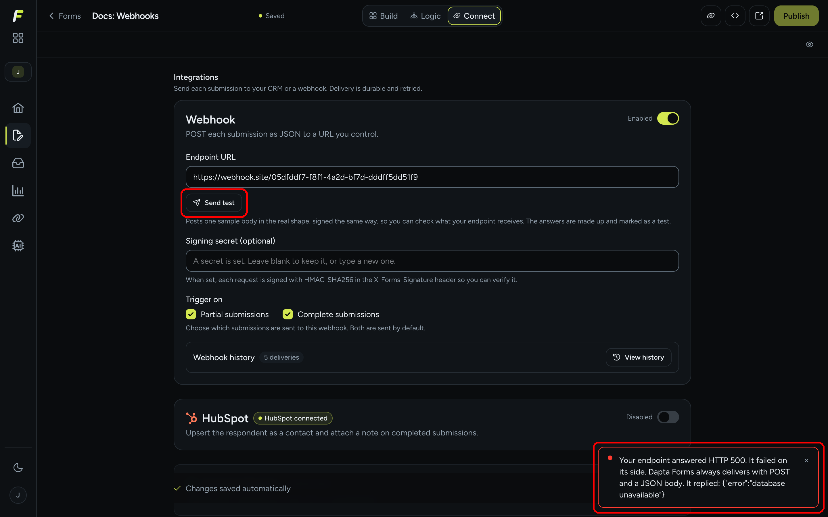 Un aviso que dice Tu endpoint respondió HTTP 500. Falló de su lado. Dapta Forms siempre entrega con POST y un cuerpo JSON. Respondió: error database unavailable