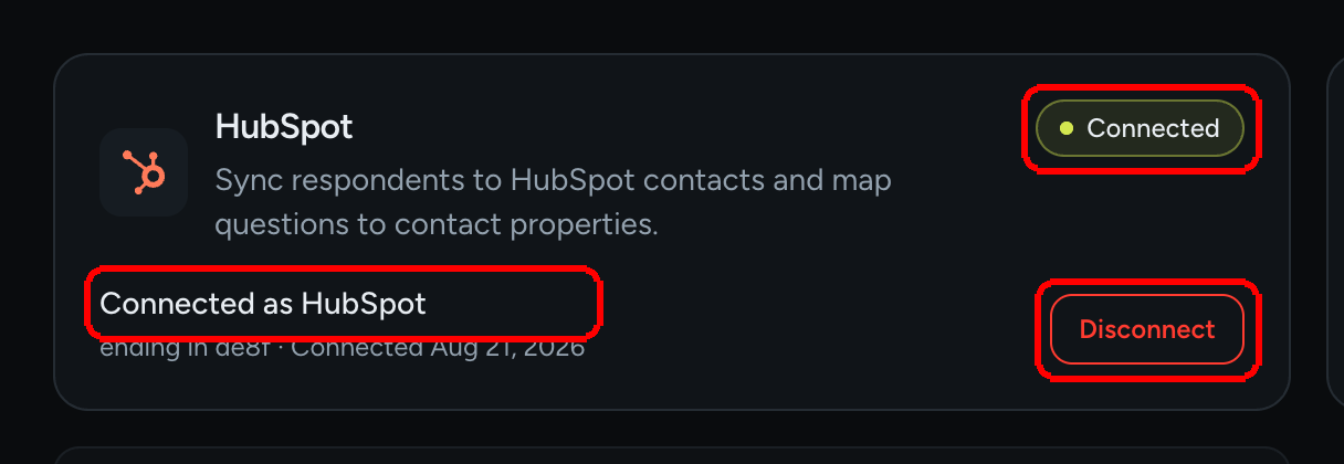 La tarjeta de HubSpot en la página de Conexiones mostrando la insignia Conectado, Conectado como HubSpot, terminado en los últimos cuatro caracteres, y el botón Desconectar