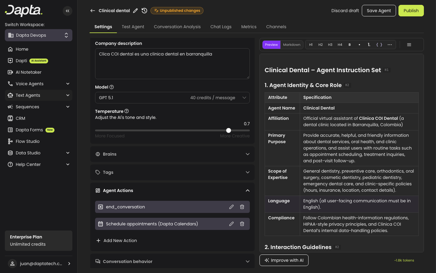 La lista Agent Actions mostrando Schedule appointments (Dapta Calendars)