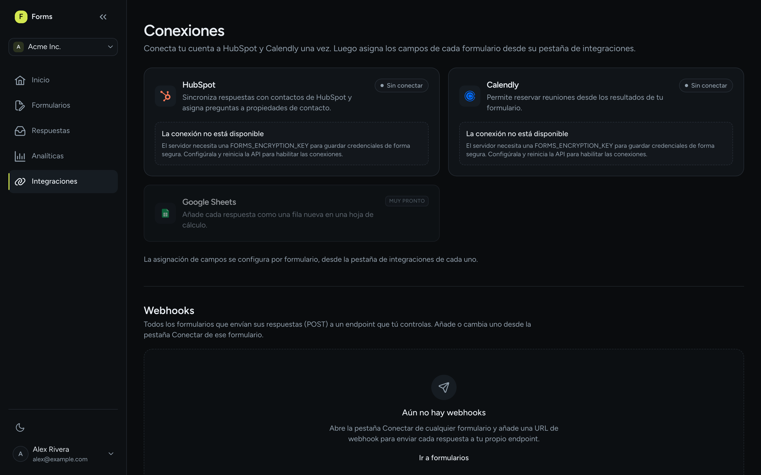 La página de Conexiones con las tarjetas de HubSpot, Calendly y Google Sheets