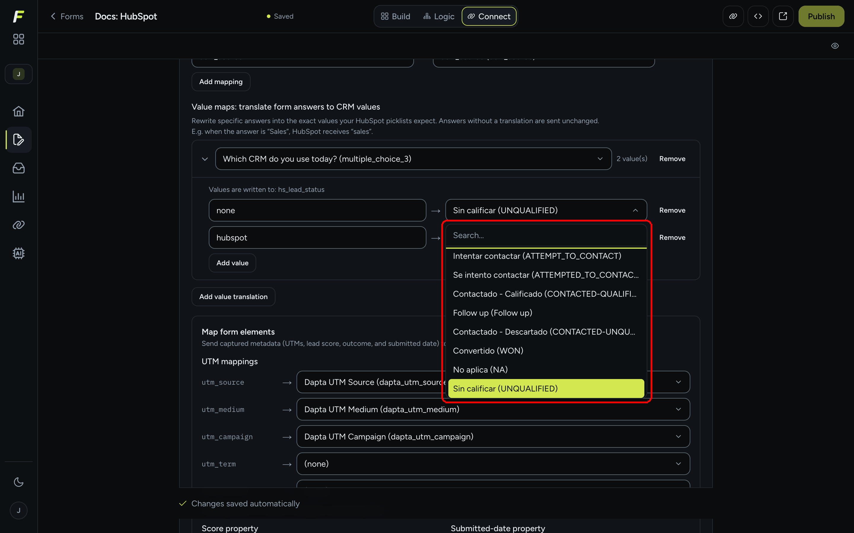 El selector Valor en HubSpot abierto, listando las entradas de la lista de la propiedad mapeada como Etiqueta (valor_interno)
