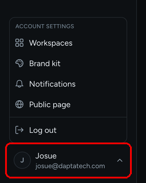 El menú de cuenta abierto desde el botón de perfil, listando Workspaces, Kit de marca, Notificaciones, Página pública y Cerrar sesión