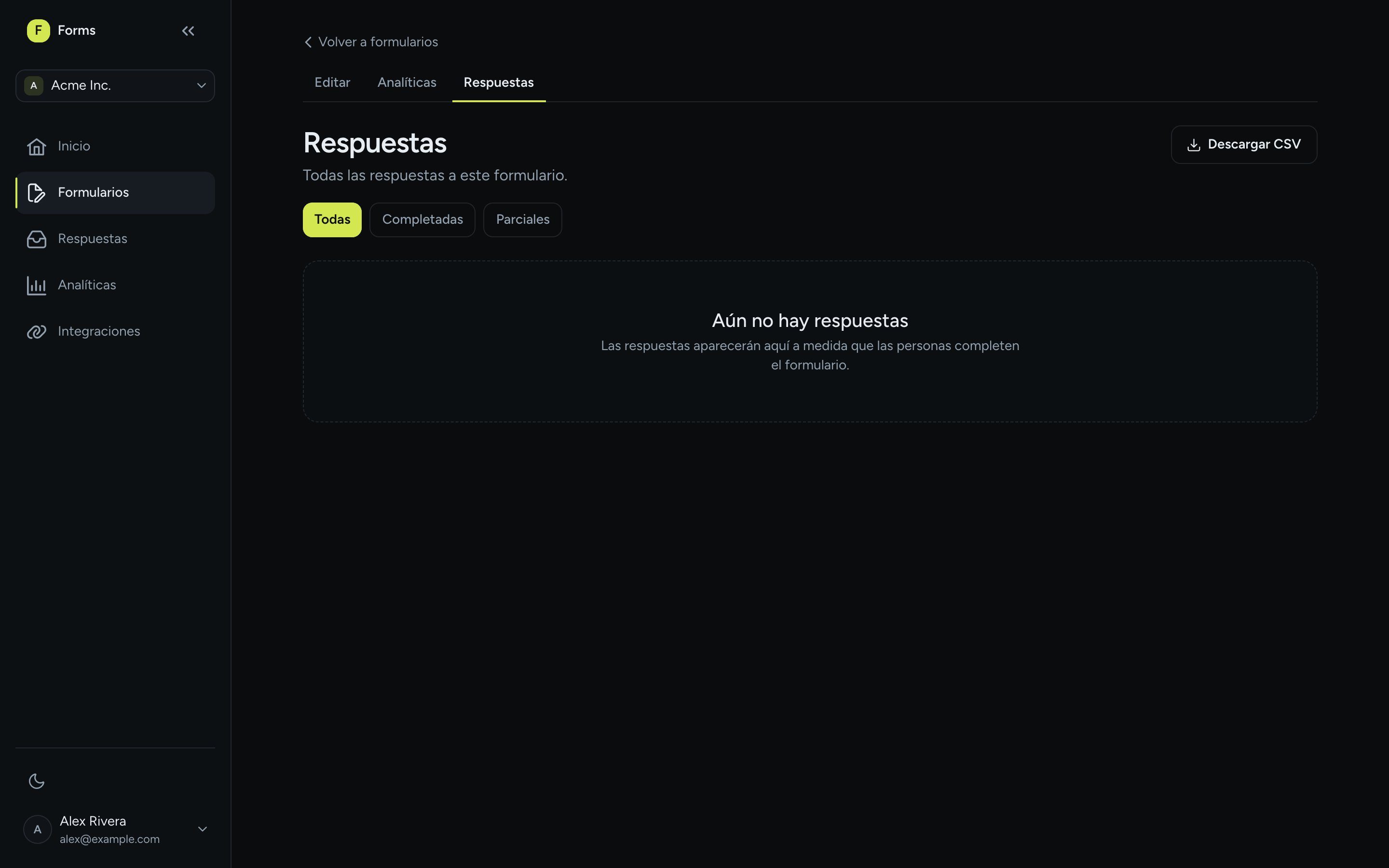 La tabla de Respuestas con las columnas Enviada, Estado y Puntaje seguidas de una columna por pregunta