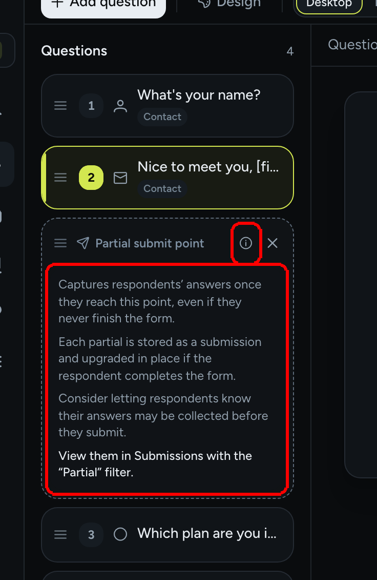 El popover Sobre el punto de envío parcial explicando que las respuestas se capturan en este punto, se guardan como una respuesta y se convierten en el sitio, con un recordatorio de avisar a quien responde y de usar el filtro Parcial en Respuestas